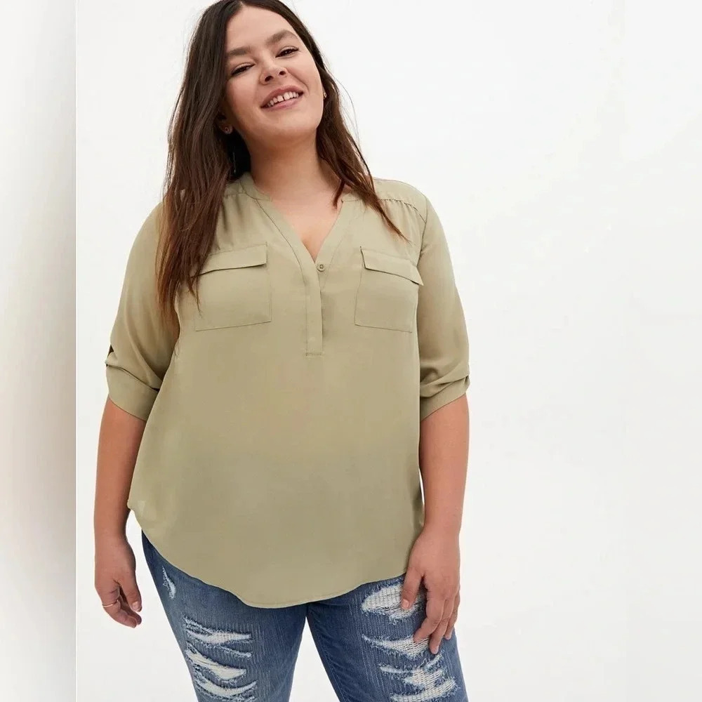 Torrid Harper Georgette Pullover 3/4 Sleeve Tan Blouse 1X